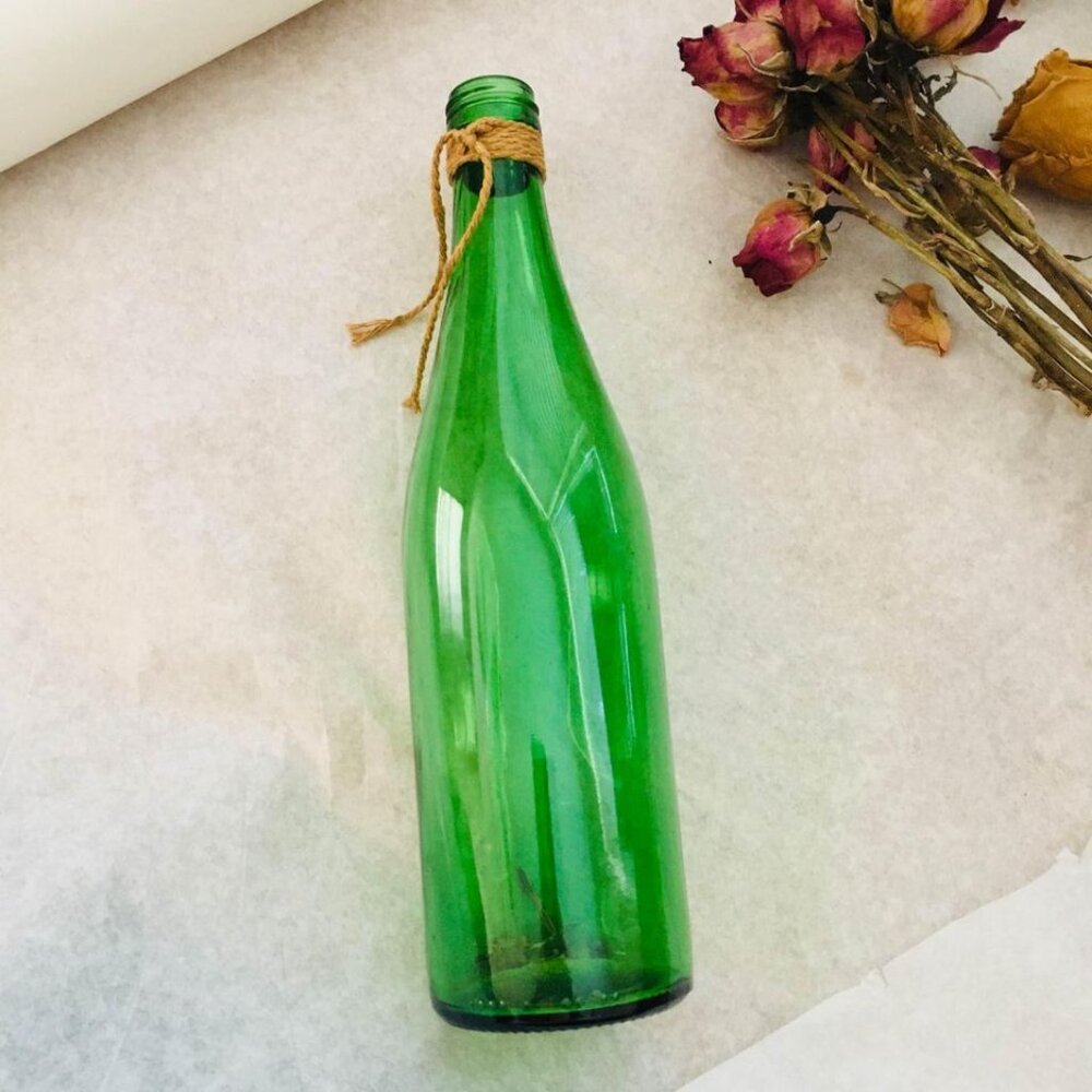 LP Green Glass Stem Bottle Vase Display Decor 10"H | Hemp Cord Detail